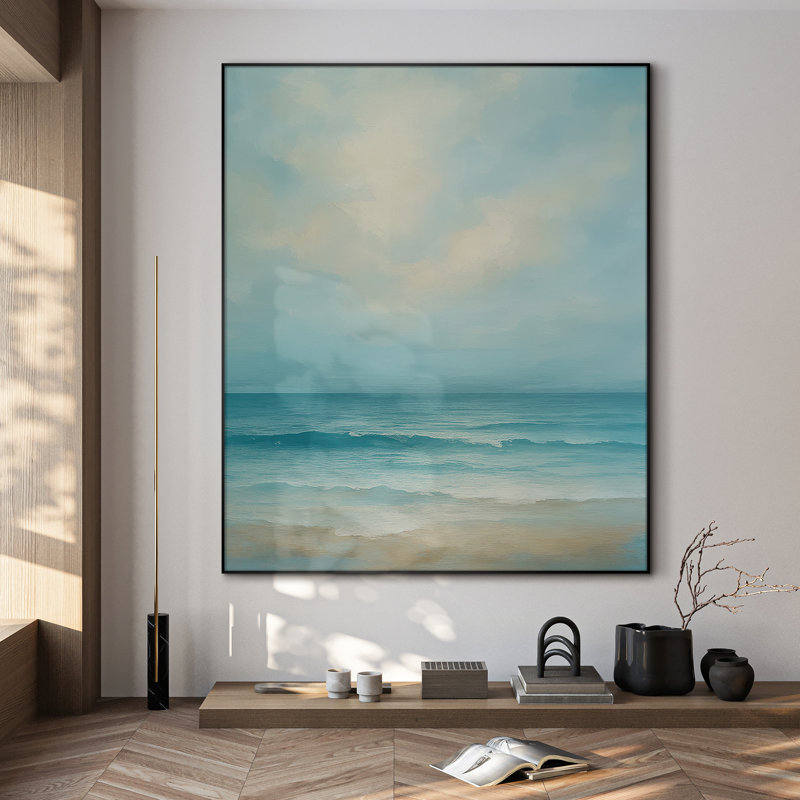 Très grande reproduction d'art sur tissu - Calm Ocean Waves Coastal Seaside, décoration murale pour le salon ou la chambre à coucher - «Assemblage requis du cadre (cadre non fini)»