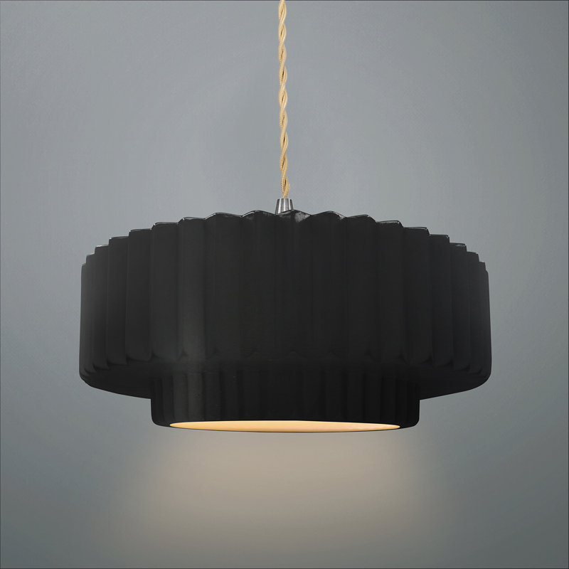 Luminaire suspendu tambour 1 lumière Gela, H 5 po x l 12 po x P 12 po, Noir carbone mat / or champagne, Nickel brossé
