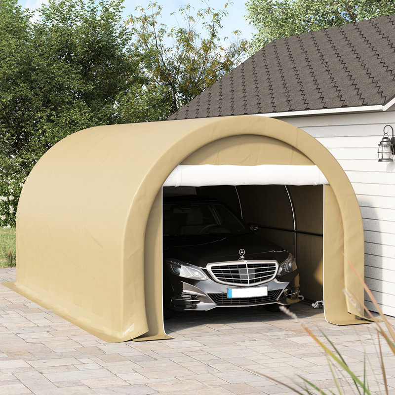 Tente d'abri d'auto 10 pi x 16 pi - acier galvanisé, auvent en PE, pour voiture, bateau, cadre de garage portatif en acier beige, outils,