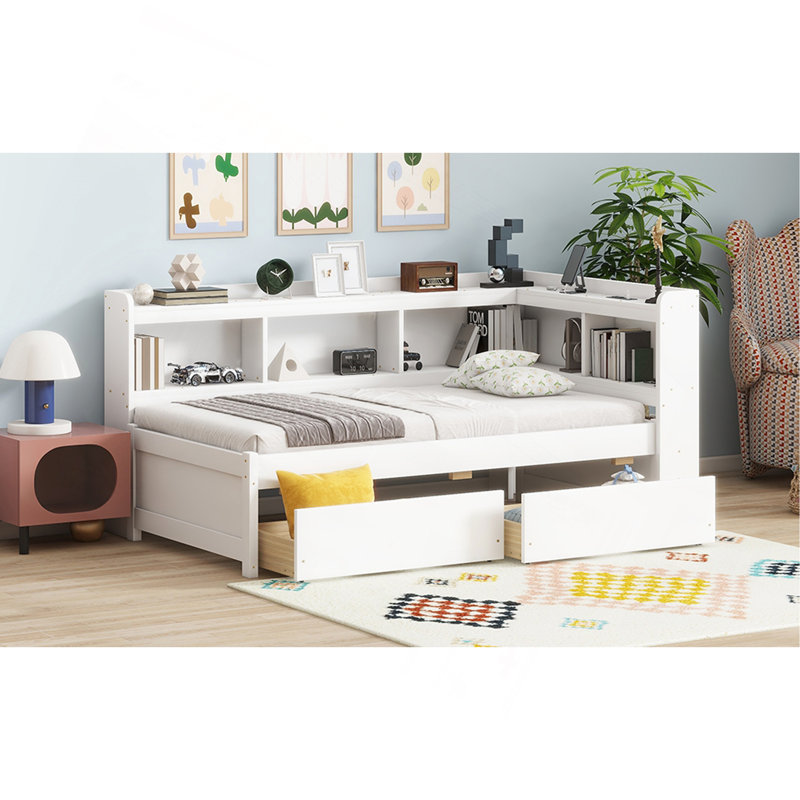 Lit en forme de L avec bibliothèques avec prises de courant, ports de chargement USB, deux tiroirs, Lit simple, Blanc