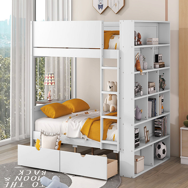 Lit superposé double au-dessus de double avec 2 tiroirs et armoire multicouche, blanc, White, Full