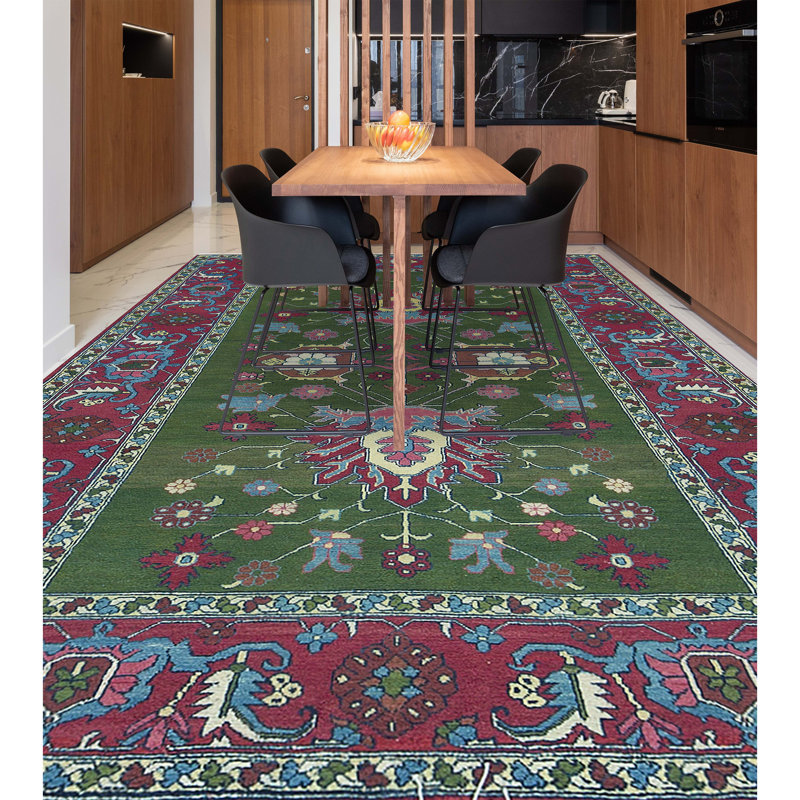 Hand-Knotted High-Quality Green and Wine Area Rug