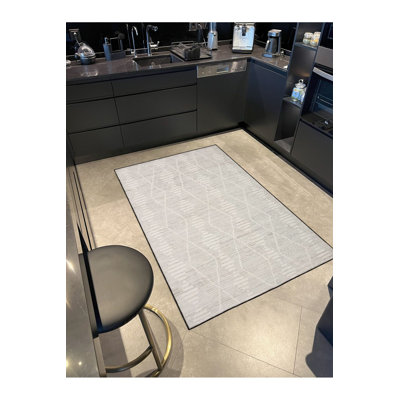 Cream Geometric Themed Painted Patterned Decorative Machine Washable Rug