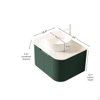 Meuble-lavabo 24 po, armoire de contreplaqué rayée à bords arrondis avec tiroir, vasque en céramique blanche et plateau en pierre frittée blanc de Carrare, pré-assemblé, couleur vert foncé
