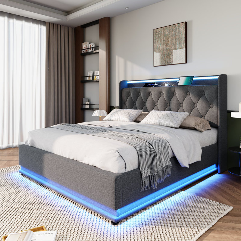 Grand lit avec cadre à DEL rembourré à 360 ° avec éclairage hydraulique pour le rangement USB-C et lit capitonné à oreilles avec télécommande, gris