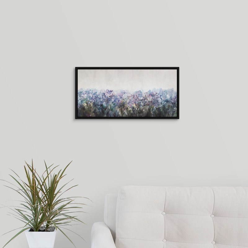 « wild iris i », peinture sur toile, H 11,7 po x l 21,7 po x p 1,75 po, Cadre flottant noir