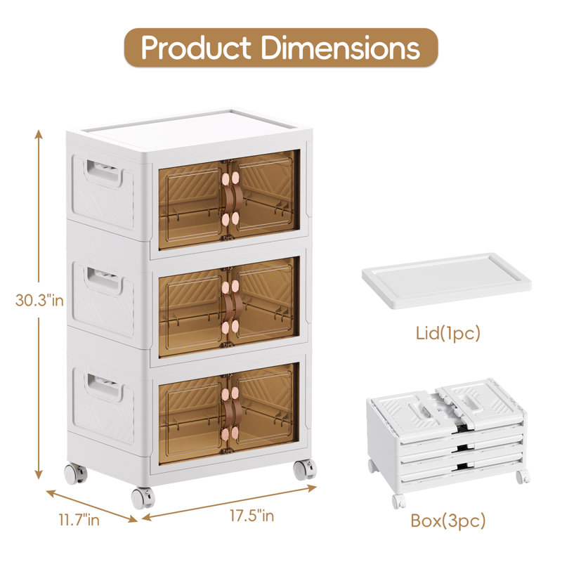  107Qt Stackable Storage Bins With Lids And Wheels, Foldable Collapsible Plastic Drawer Boxes For Clothes, Home, White, 3 Pack