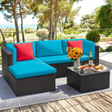 Huang 5 Piece Patio Conversation Set All Weather Wicker Rattan Sofa 3-4 Persons Outdoor Sectional Seating Group with Cushions,Pillows & Glass Table for Porch,Lawn and Yard