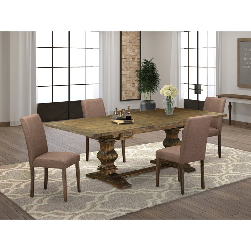 5 Piece Dining Set Includes a Rectangle Dining Room Table with Removable Leaf and 4 Light Sable Linen Fabric Upholstered Chairs, Jacobean