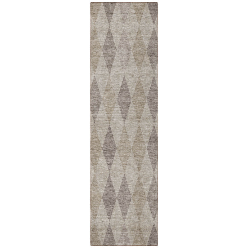 8' Runner Beige Taupe and Brown Geometric Washable Non Skid Indoor Outdoor Runner Rug