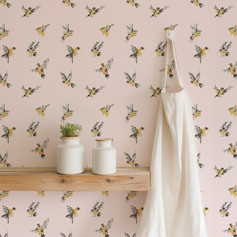 Flight of the Finches - Wallpaper, Sunbleached Pink, Faux Grasscloth, Non-Pasted