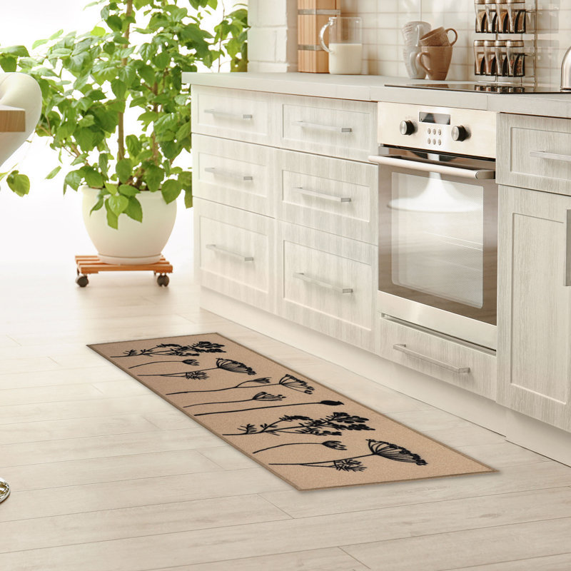 Wildflowers Long Runner Kitchen Mat, Tan/Black