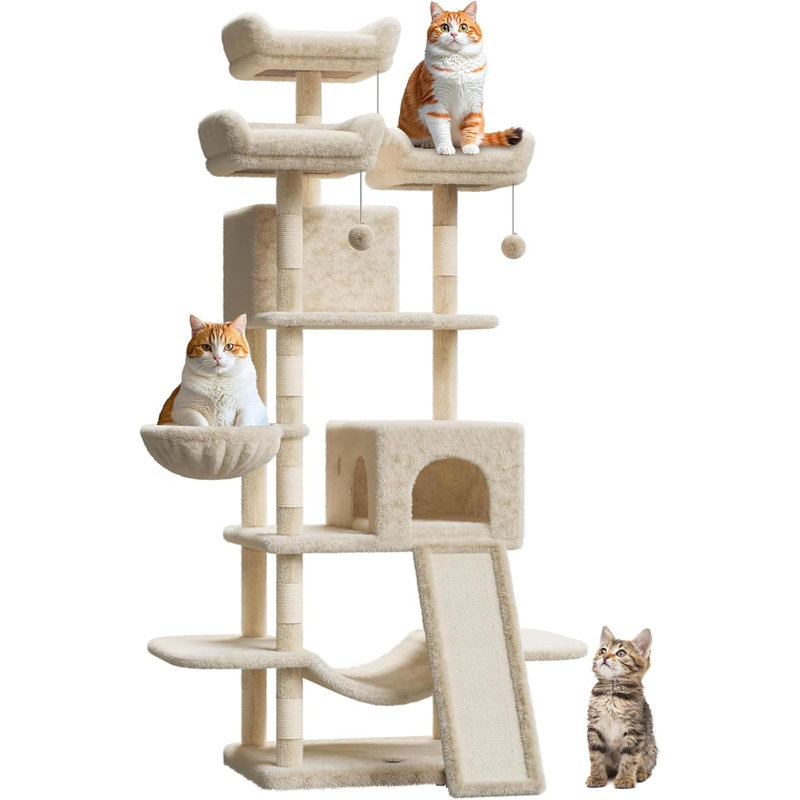 Très haute tour d'arbre à chat 68 po pour grands chats de plus de 20 lb, condo à plusieurs niveaux avec poteaux à griffer en sisal, perchoirs moelleux, hamacs, paniers, jouets suspendus et plateformes
