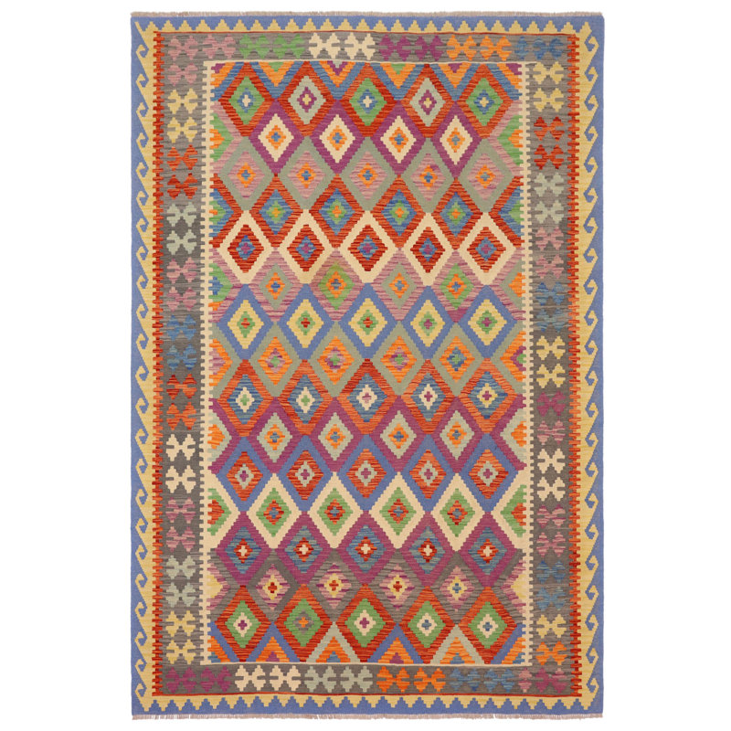 Tapis rouge / bleu / mauve en laine tissé à la main à motif géométrique 6 pi 8 po x 9 pi 8 po Gezienus