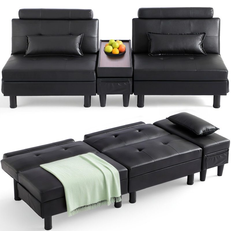Upholstered Convertible Reclining Sleeper Sofa Bed With Versatile Ottoman, 2 Soft Pillows, Black