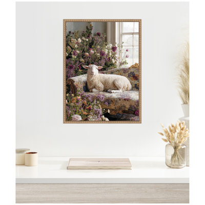 «Cute Sheep in Romantic Flowers» par Michael Schauer, reproduction d'art sur toile encadrée
