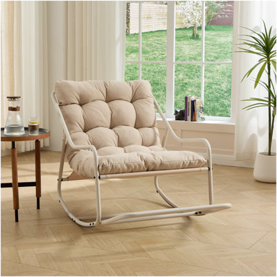 Chaise berçante d'extérieur, coussin confortable, avec coussin épais et doux, pour le salon, la chambre à coucher, la salle de lecture, structure beige avec coussin beige