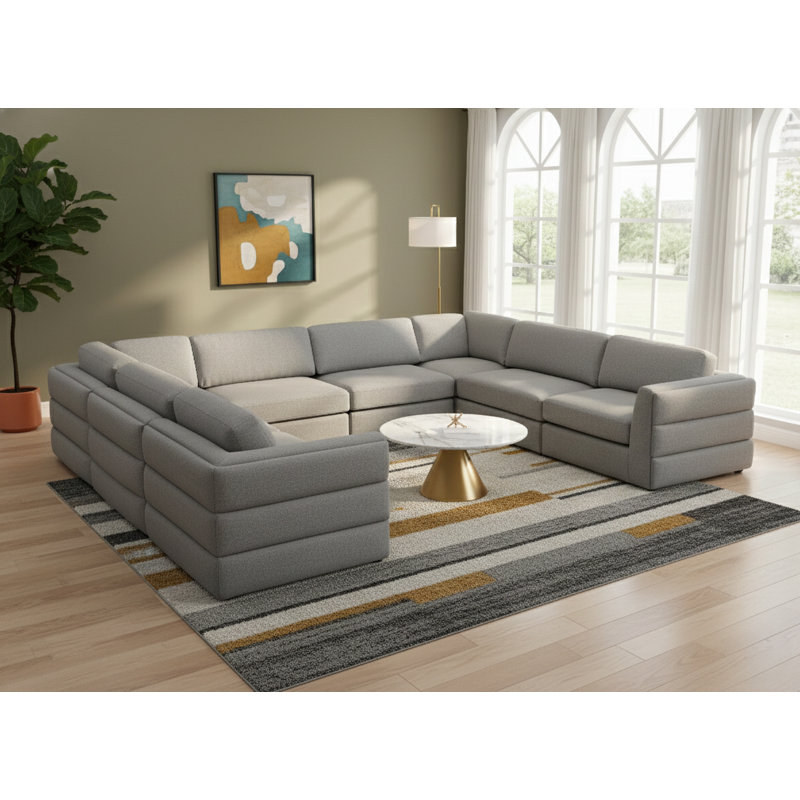 Canapé modulaire de coin avec repose-pieds de 152 po de largeur Howardine, Tissu gris texturé en lin