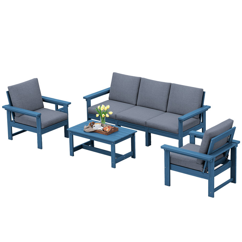 Reata HDPE 4 Piece Sofa Seating Group with Cushions, Gray, Blue