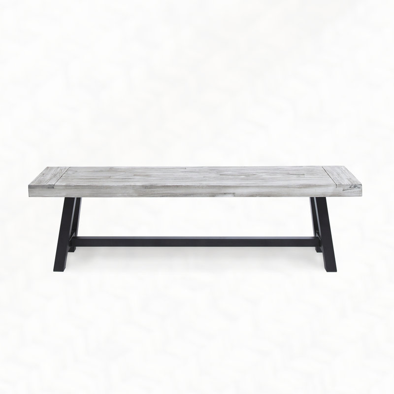 Sandblast Finish Acacia Wood Dining Bench with Rustic Metal Finish Frame, Black/Light Grey