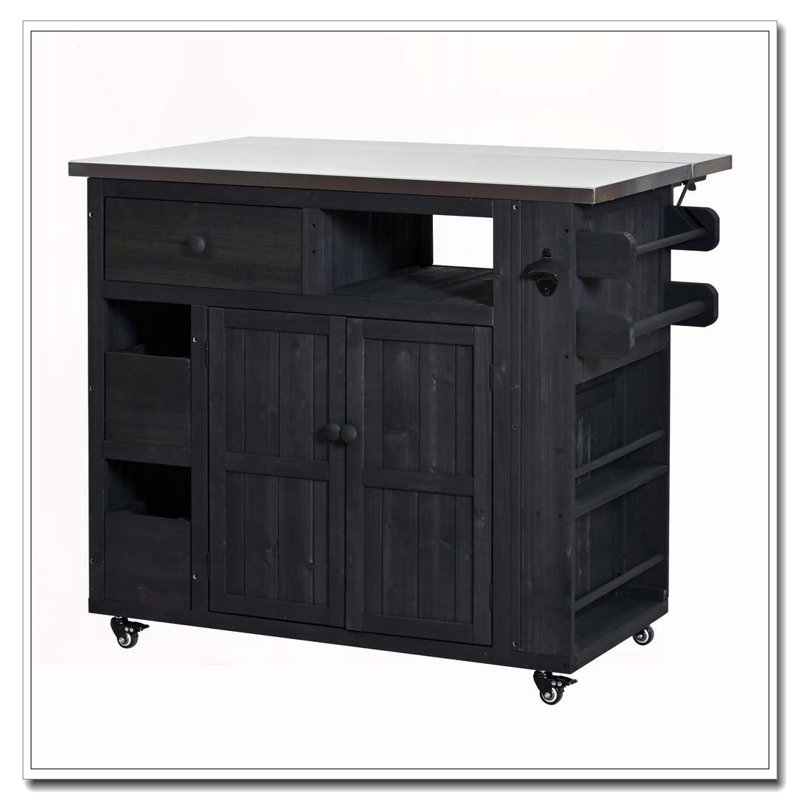 Outdoor Solid Wood Extendable 19.3''/28'' Kitchen Island, Stainless Steel Top Grill Table with Side Spice Rack, Black