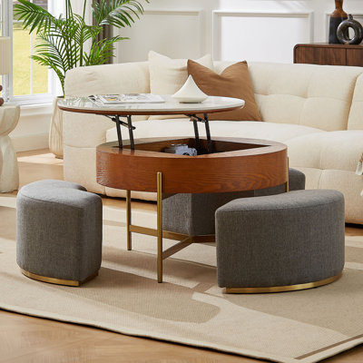 Zinna Lift Top Round Coffee Table Nesting Living Room Table with Storage 3 Stools Included