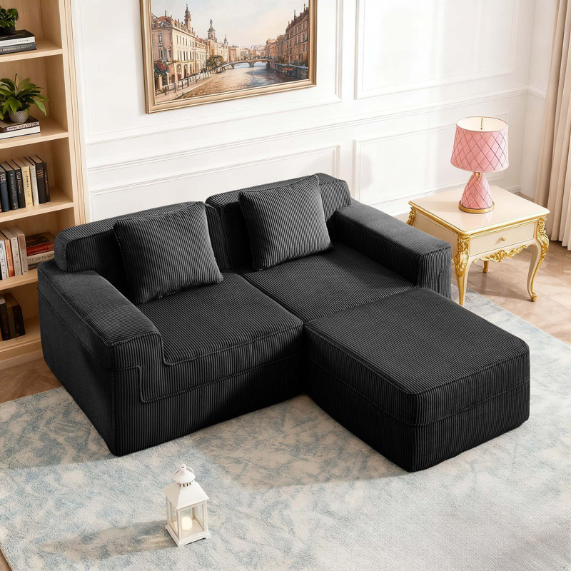 Canapé double 81 po en velours côtelé de style minimaliste moderne avec repose-pieds, Noir