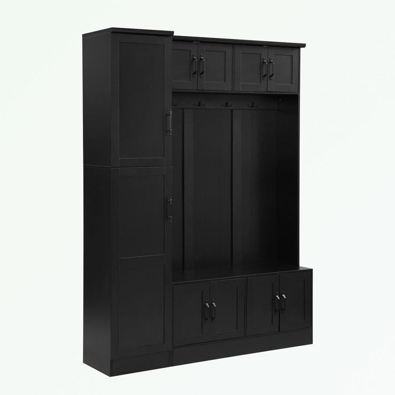 Hall Tree with Shoe Storage Bench, 6 Cabinets, 4 Coat Hooks and Adjustable Shelf, Black