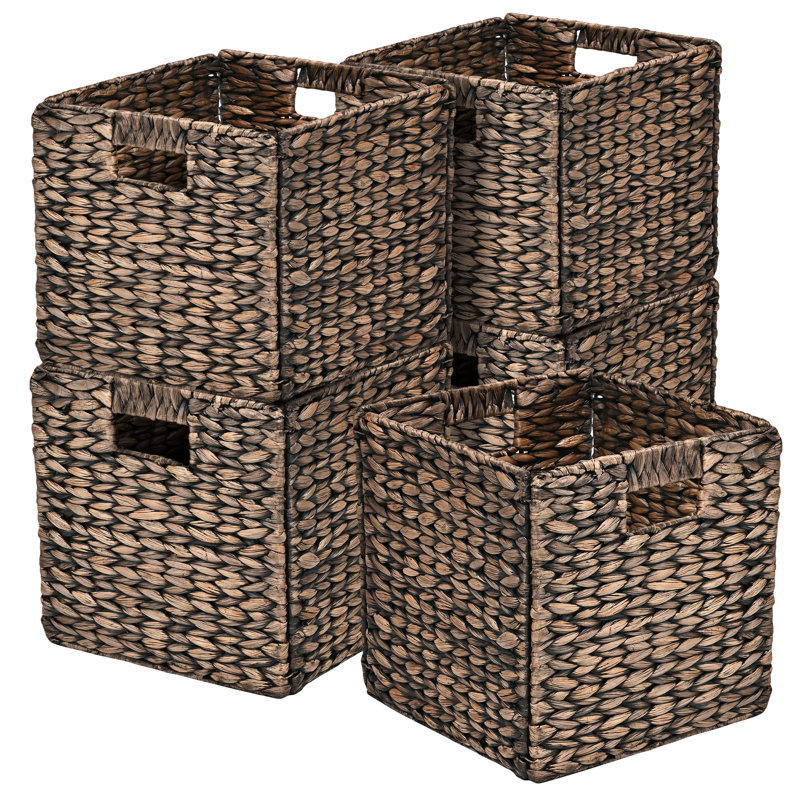 Burtrum Classic Farmhouse Handwoven Hyacinth Collapsible Storage Cube Baskets with Handles, 10.63" H x 10.63" W x 10.63" D