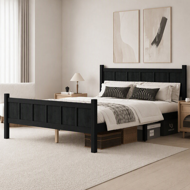 Lit plateforme en bois massif de style grand shaker, tête et pied de lit à panneau plat, noir, Queen, Black