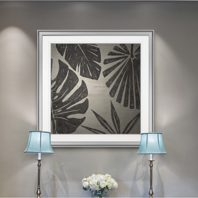 « tribal palms ii », peinture, H 24 po x l 24 po x P 1,5 po, Encadrement argenté