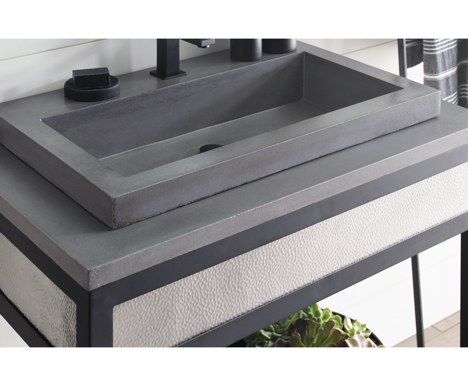 Trough Handmade Rectangular Drop-In Bathroom Sink, Slate, Single Faucet Hole