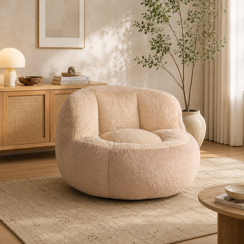 Fauteuil à billes avec coussin en peluche écologique pour le salon / salle de jeux, Fausse fourrure beige
