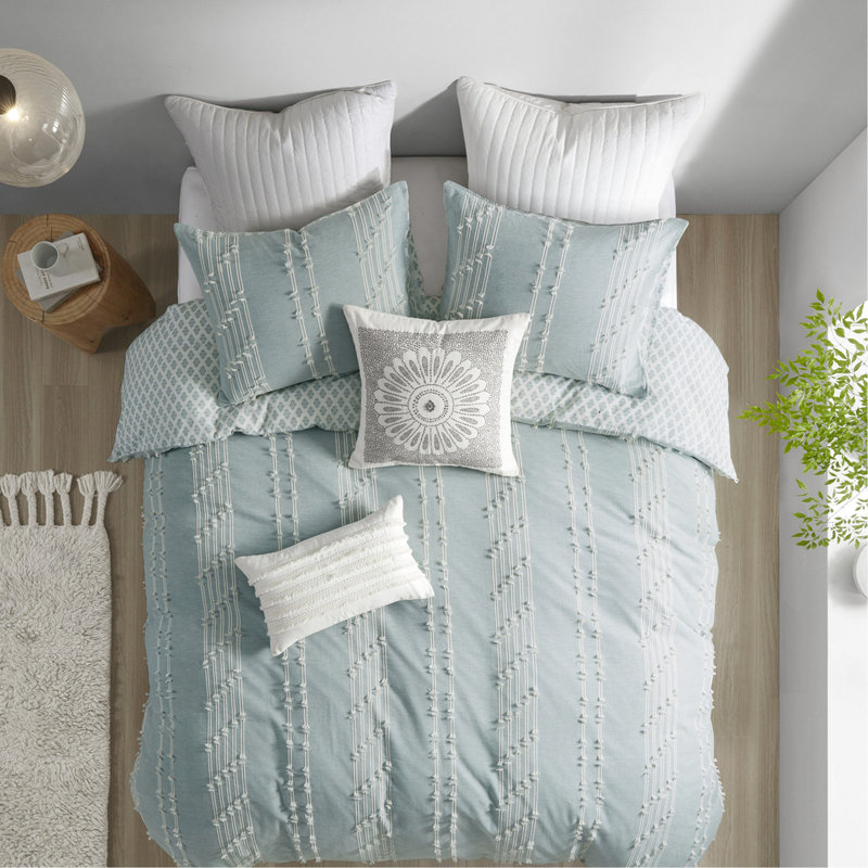 Très grand / très grand décor de chambre en coton - Motif brodé, taies décoratives assorties, ensemble de literie lavable à la machine, housse de couette réversible, 2