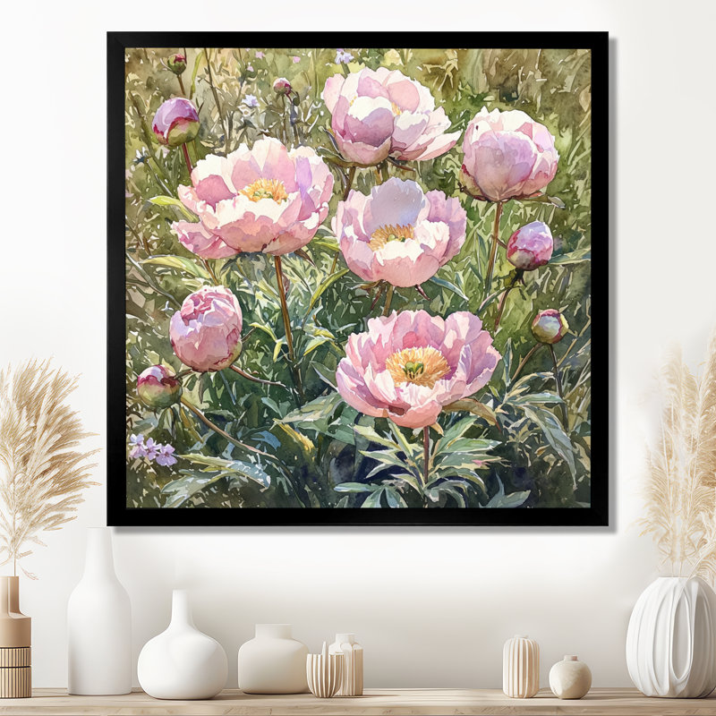 Grandes pivoines dans le jardin de fleurs I - pivoines, H 16 po x l 16 po, Reproduction encadrée d'une seule photo, Noir