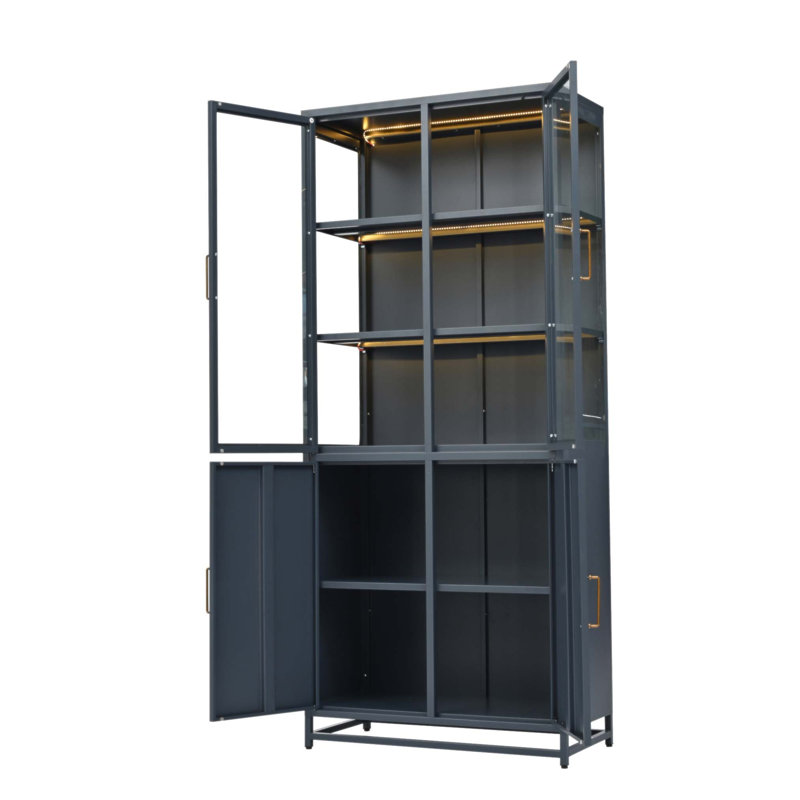 76.75'' Tall Display Cabinet With Glass Doors And LED Lights, Steel Curio Cabinet With 3-Sided Glass For Modern Home Decor And Storage