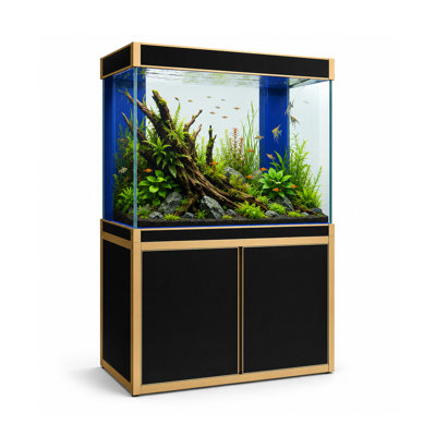  100 Gallon Freshwater Glass Aquarium with Aluminum Cabinet - All in One Fish Tank System with Sump Filtration Integrated Plumbing and LED Lighting in Black with Gold Trim