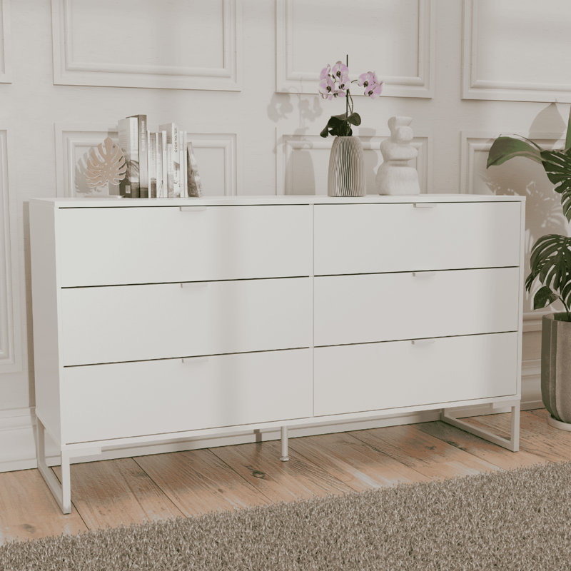 Collins Modern 6-Drawer Dresser for Bedroom, 57"W Storage Chest with Metal Slides, White