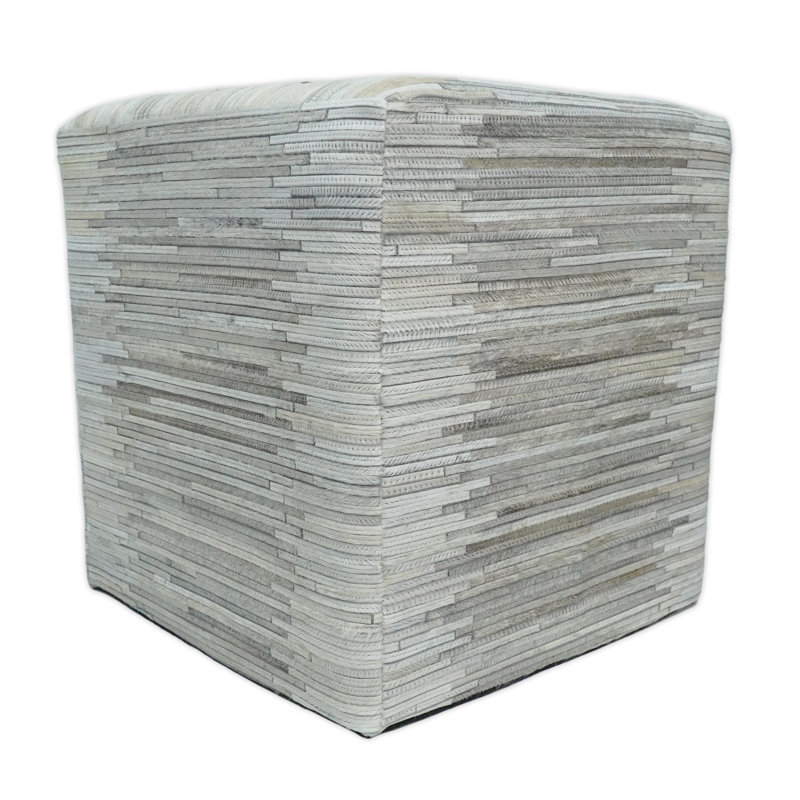 Zealand Leather Pouf, Ivory/Gray Genuine Leather