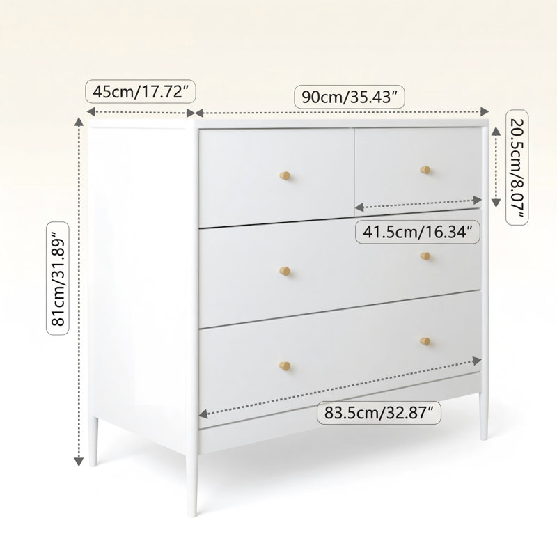 White Four-Drawer Kids Dresser, Wooden Storage Cabinet For Toddler Bedroom, Nursery, Closet, Baby Nightstand Organizer For Living Room Or Apartment, 35.4 Inches Wide.