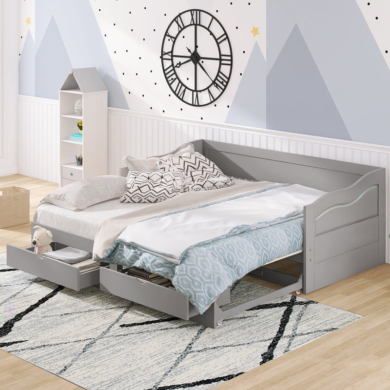 Wooden Daybed With Trundle Bed And Two Storage Drawers , Extendable Bed Daybed,Sofa Bed With Two Drawers, Gray