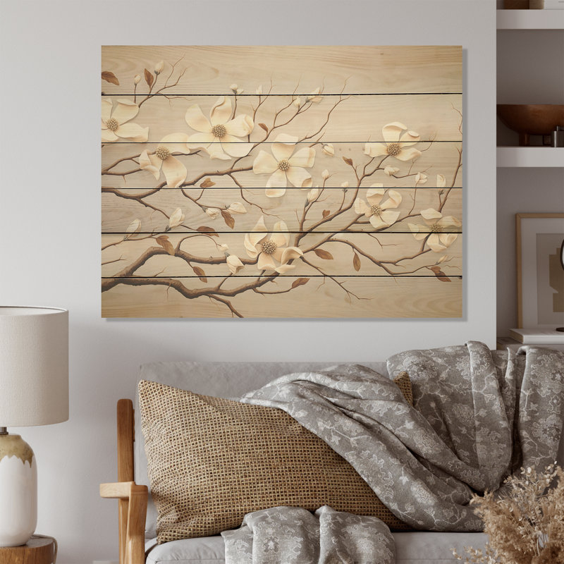 White Dogwood Blossom Harmony I - Dogwood Wood Wall Art On Natural Pine Wood, 10" H x 20" W