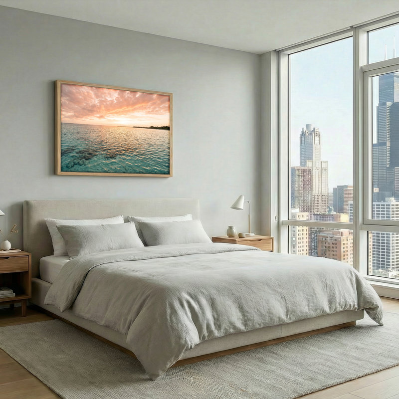 Ensemble de 1 tableau sur toile représentant un coucher de soleil sur l'océan, H 32 po x l 48 po, Naturel