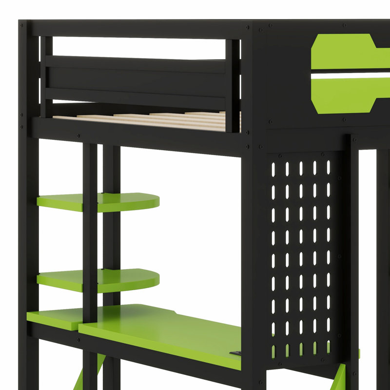 Lit mezzanine peu encombrant avec bureau, tablettes, prise de courant et lumière RVB, Noir et vert
