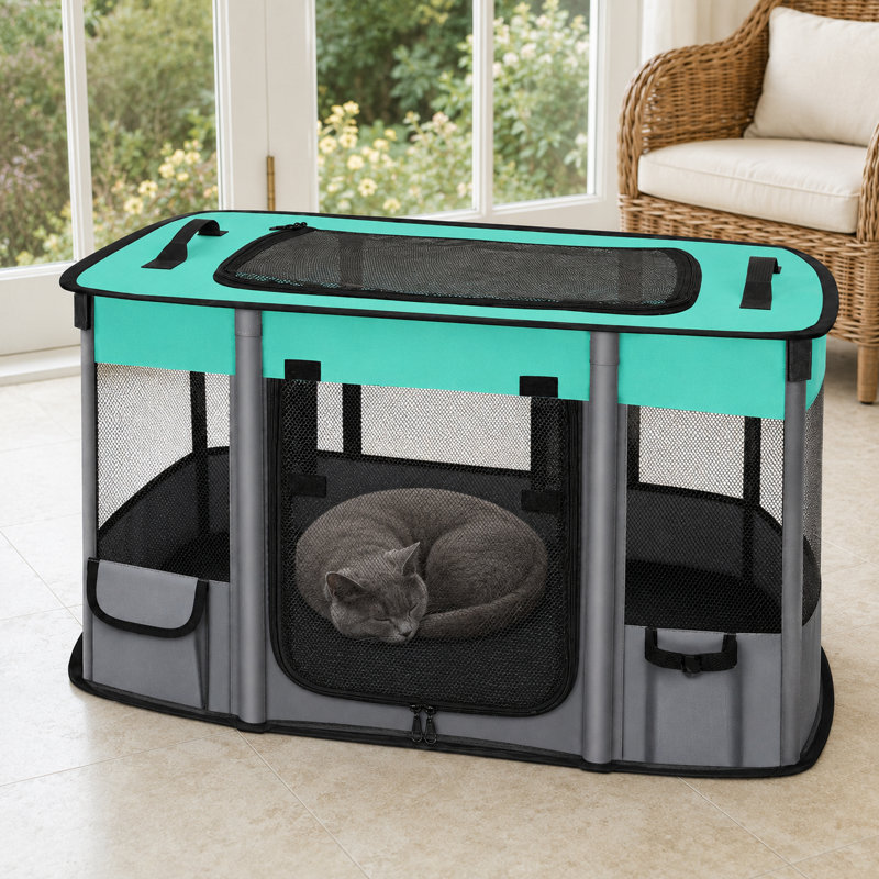 Parc de maternité pliable pour chat avec fenêtres en filet, accès par le haut et porte à fermeture à glissière, Vert