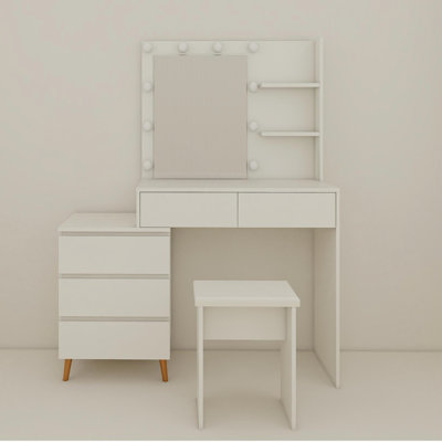 LED Lighted Makeup Vanity Table with Mirror - White Beauty Station with Storage Drawers, Matching Stool, and Organizing Compartments for Makeup Brushes and Cosmetics