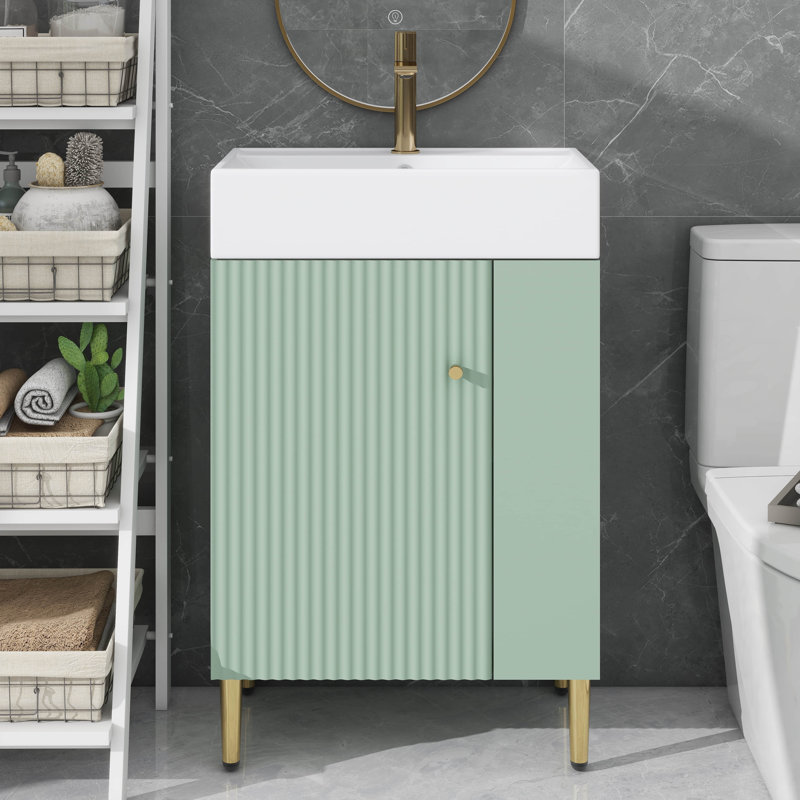 Ensemble de meuble-lavabo autoportant 21,6 po avec pieds en métal et rangement à droite, Vert