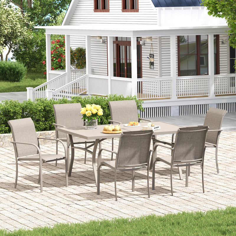 6-Person Patio Dining Set with 63" Rectangular Dining Table and 6 Stackable PVC-coated polyester Chairs, Cream