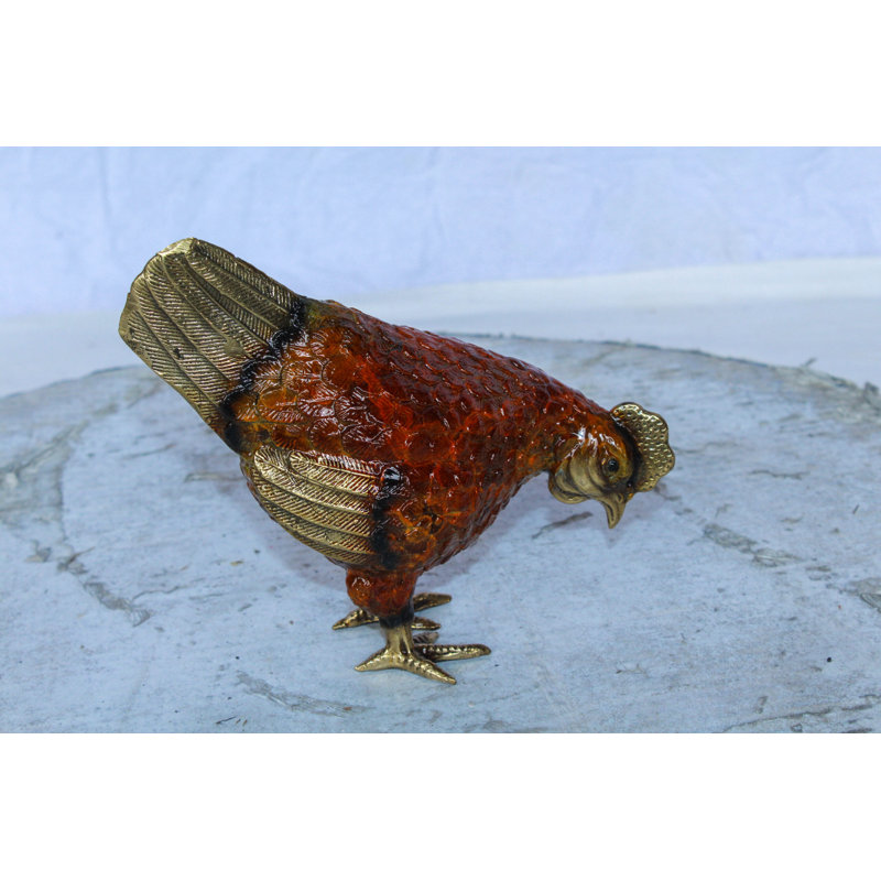 Figurine de poulet en bronze Nifao - Sculpture de ferme en émail rouge avec ailes et queue dorées - Moulage à la cire perdue fabriqué à la main - Collection rustique de décoration de cuisine et maison de campagne 8 po x 4 po x H 7 po