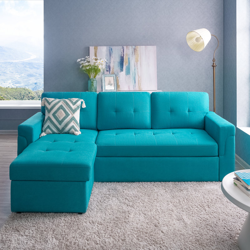 Comfy Reversible Sleeper Sofa with Hidden Storage & Pull-Out Bed - L-Shaped, 34.25" H x 81.03" W x 49.63" D, Teal Velvet